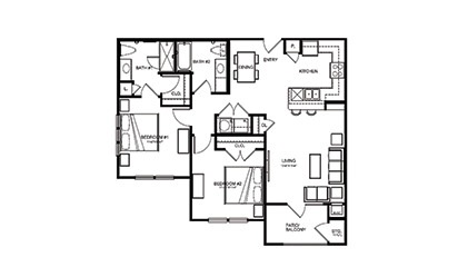 B1 - 2 bedroom floorplan layout with 2 bath and 1026 square feet