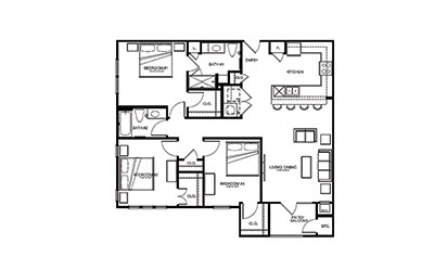 C1 - 3 bedroom floorplan layout with 2 bath and 1307 square feet